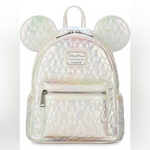 Disney Mickey Mouse Icon White Iridescent Quilted Loungefly Mini Backpack. NWT